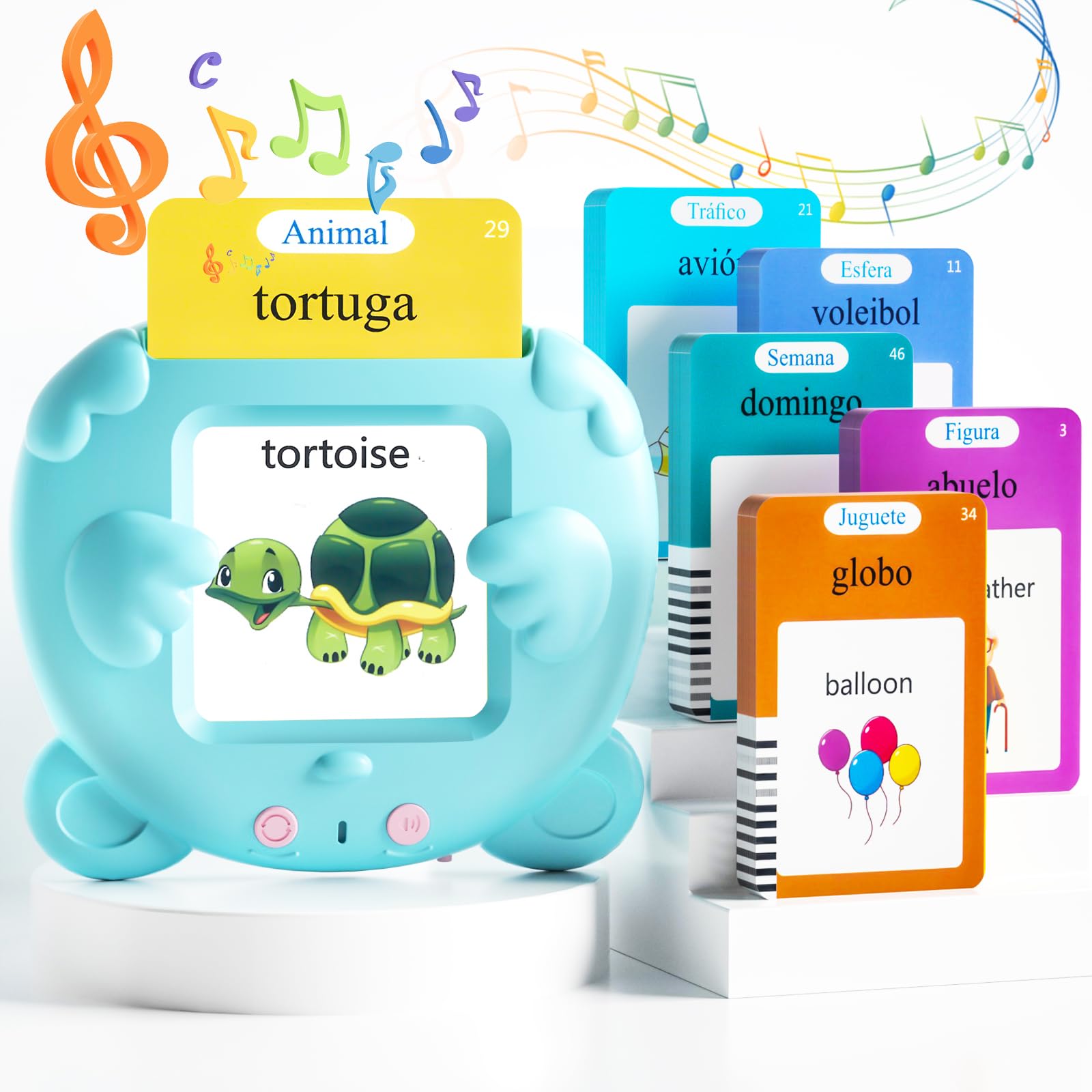 ANhovno box of Spanish-English talking flash cards for bilingual toddlers.
