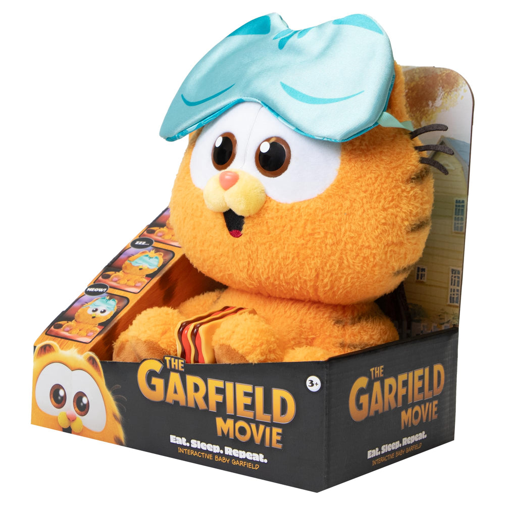 Animagic Baby Garfield accessories include lasagna and sleep mask.
