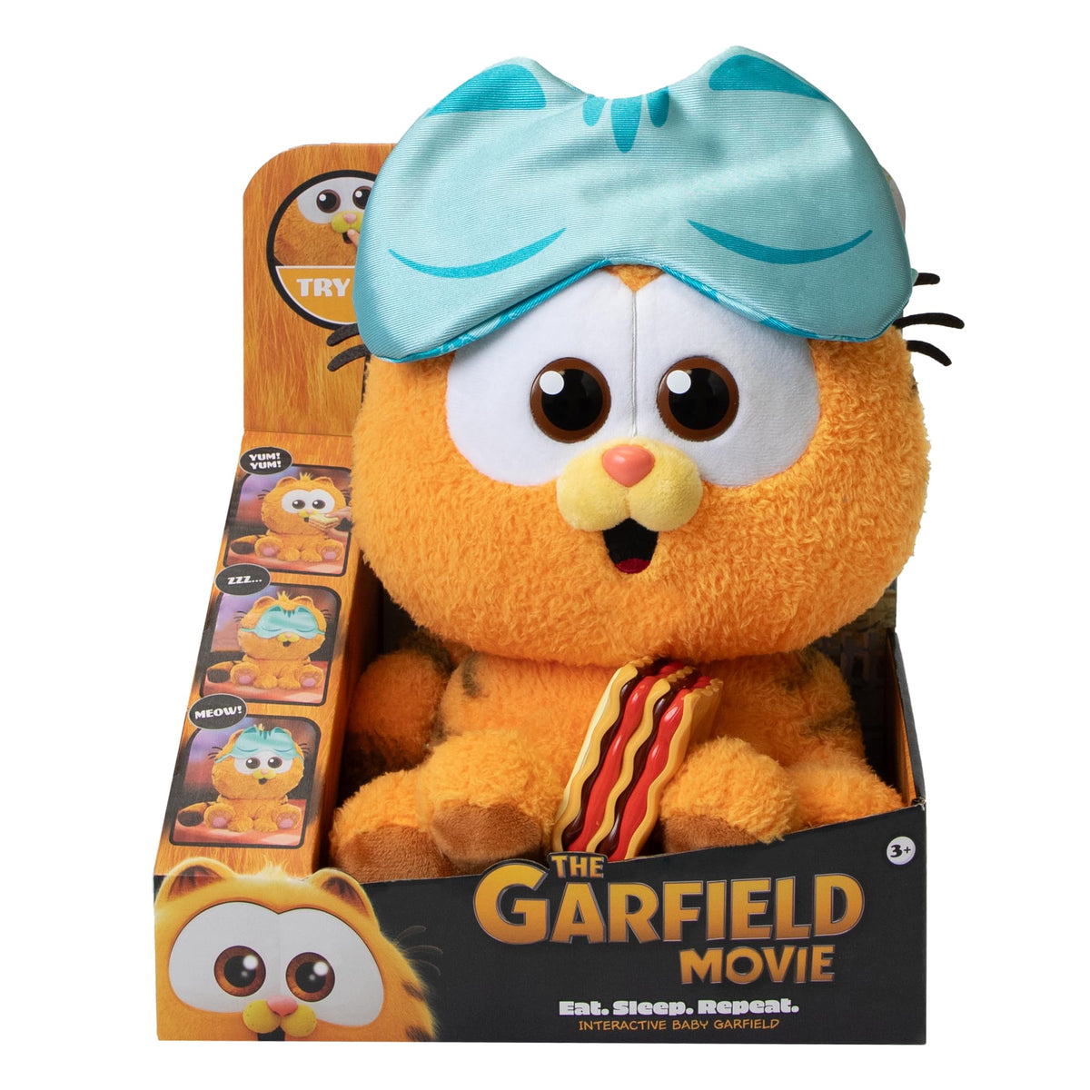 Animagic Baby Garfield eating lasagna for imaginative play.