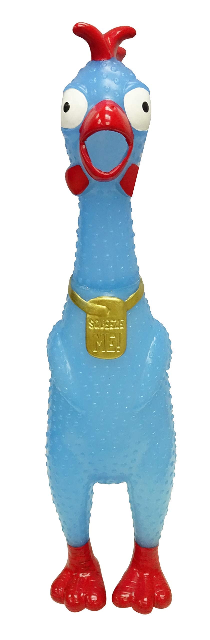 Animolds Squeeze Me rubber chicken toy mid-squeeze delivers a loud laugh for parties