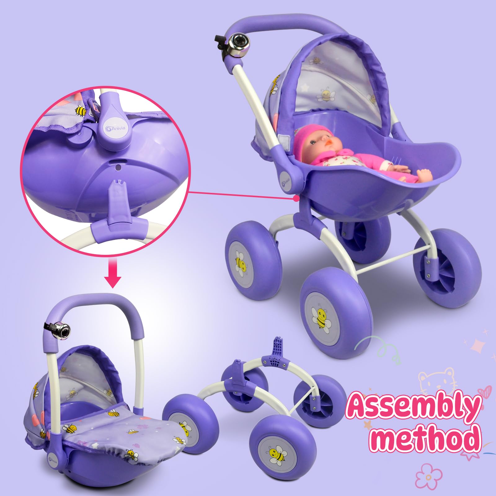 ANIVIA DT301 Purple stroller doll seat ready for 18-inch dolls