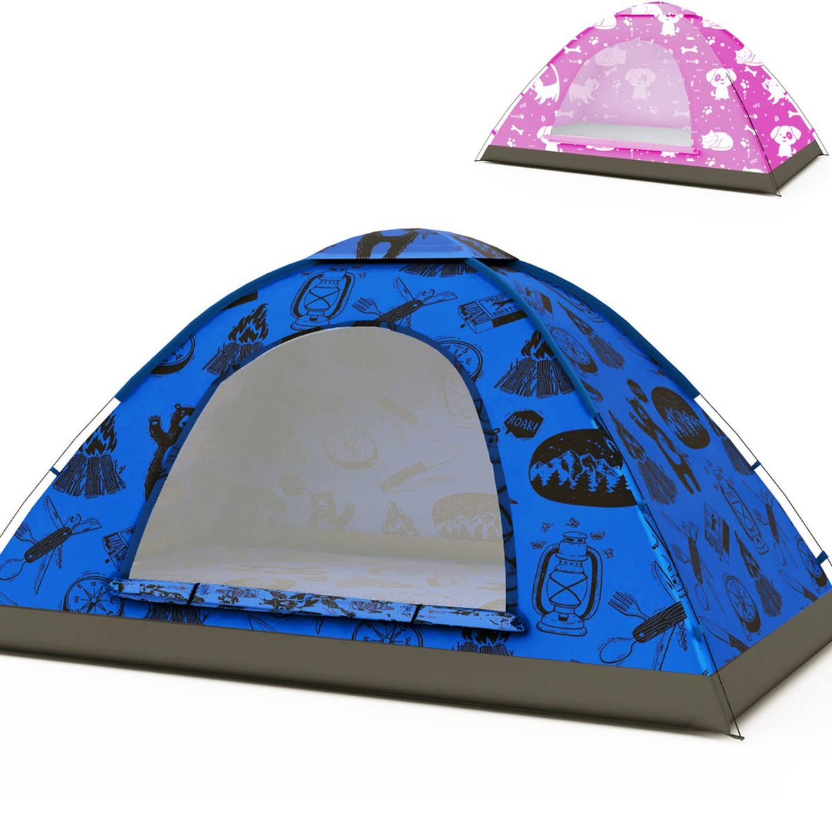 ANJ Outdoors KidzAdventure 2 in 1 tent blue adventure theme with forest bear characters for imaginative play.