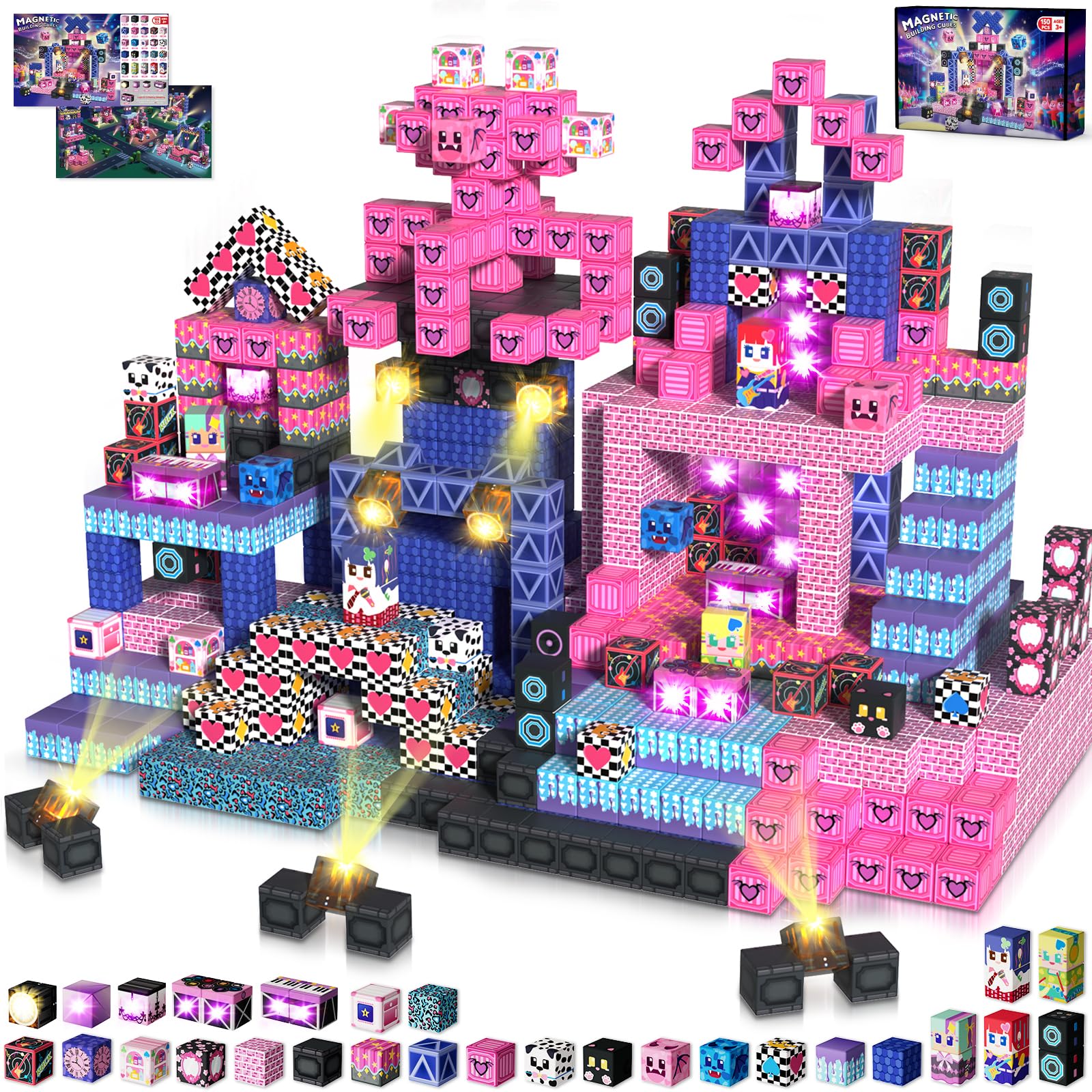 Annexfun 150PCS magnetic blocks with light-up cubes for imaginative play and sensory glow.