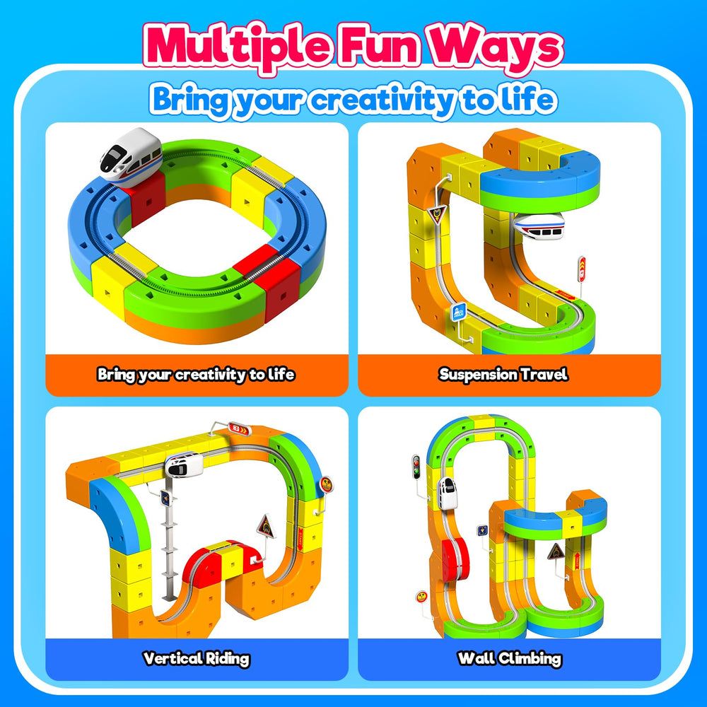 Annexfun electric train moves along tracks with slopes and loops