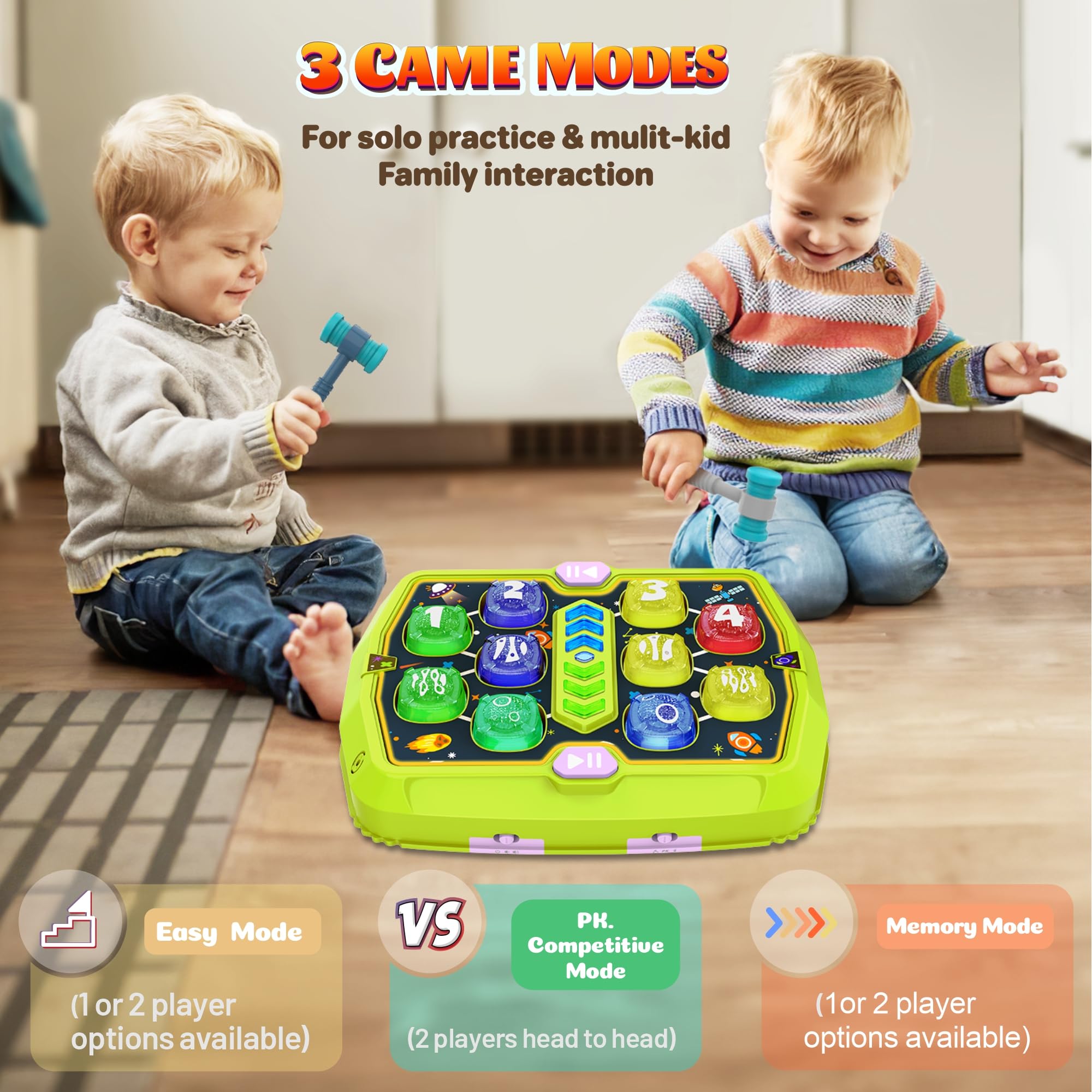 AN NKIE Whack Game Mole Toy showing modes for varied challenges