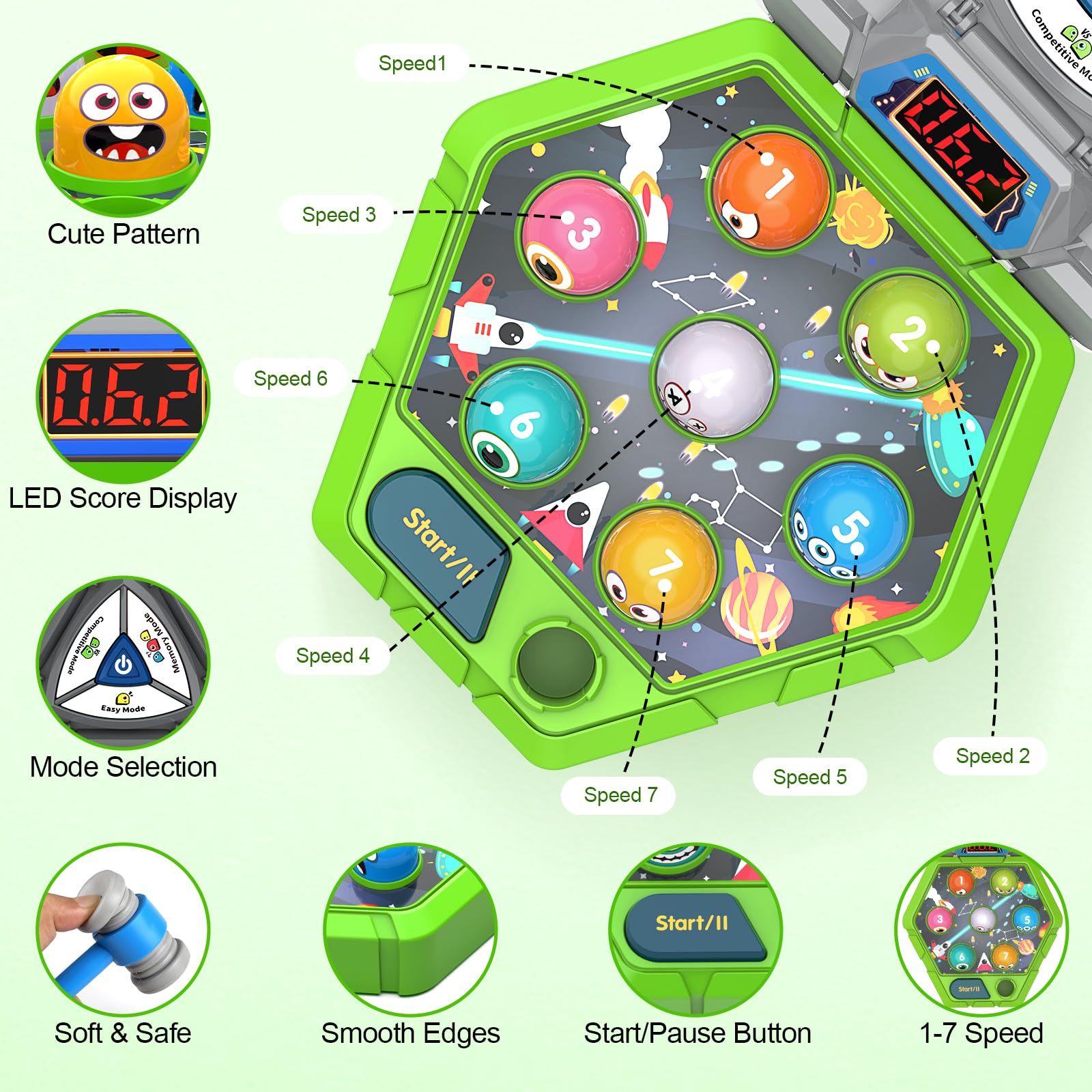 Kids hit light-up balls to trigger sounds and celebrate successes.
