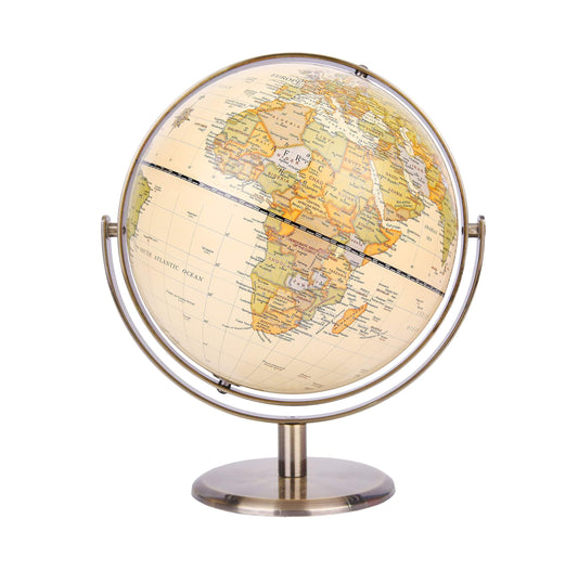 Annova world globe with bronze arc rotates for easy viewing and desk display.
