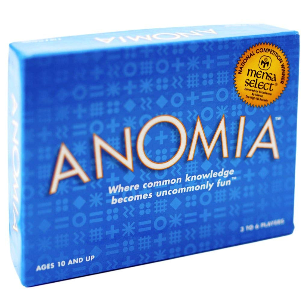 Anomia card game box and contents for quick party fun.