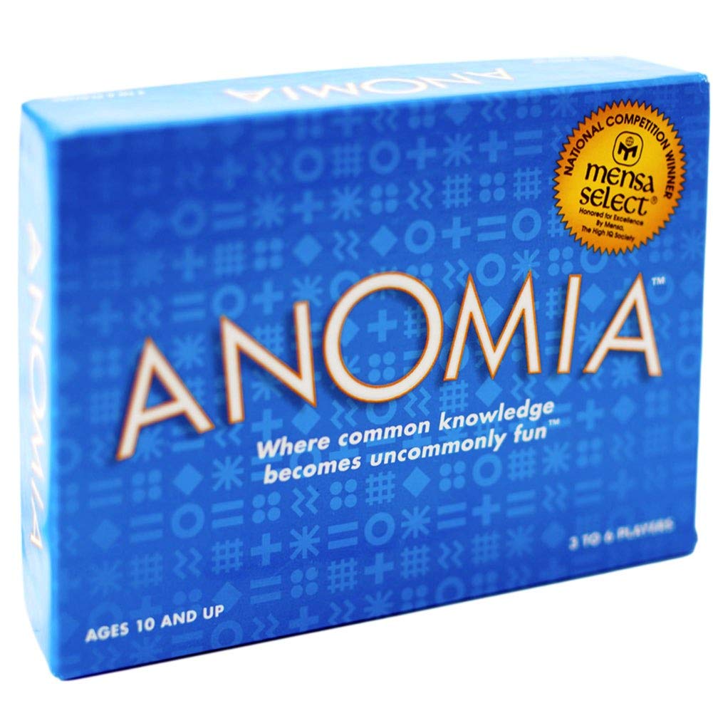 Anomia card game box and contents for quick party fun.
