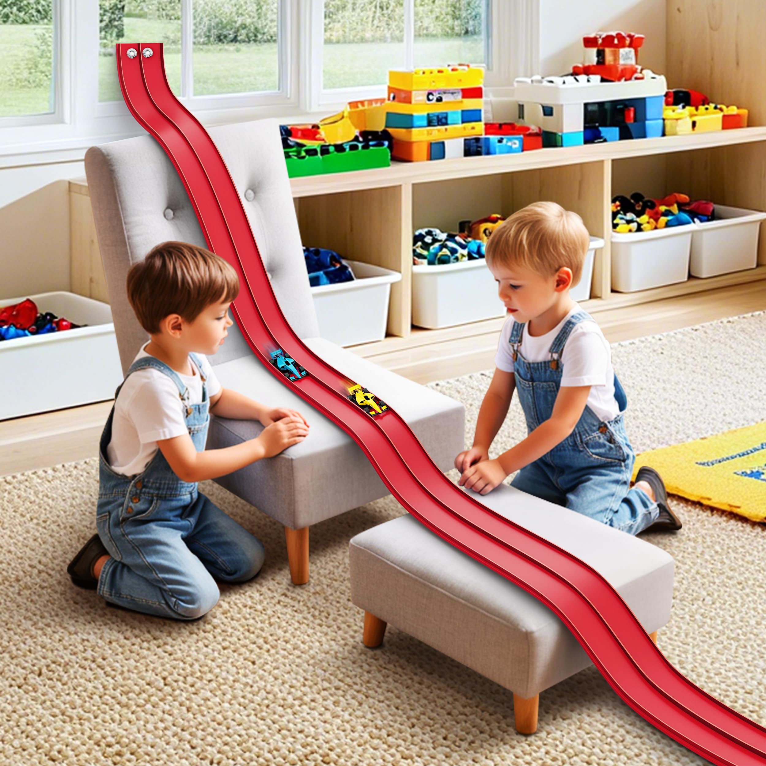 Anoozo 16 ft flexible race track setup shown in Racing Red for versatile car play