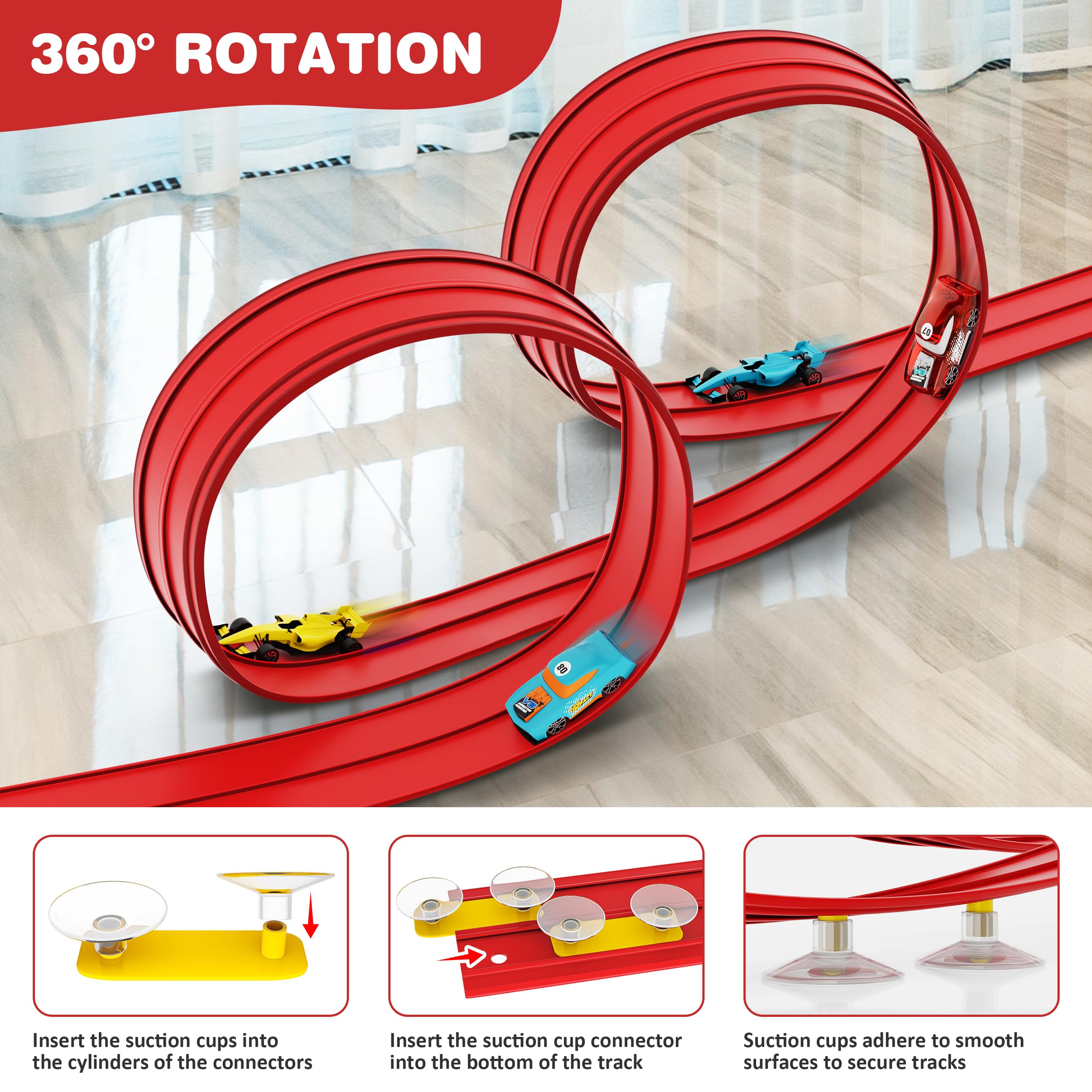Anoozo two-lane race track illustrating competitive play with small cars