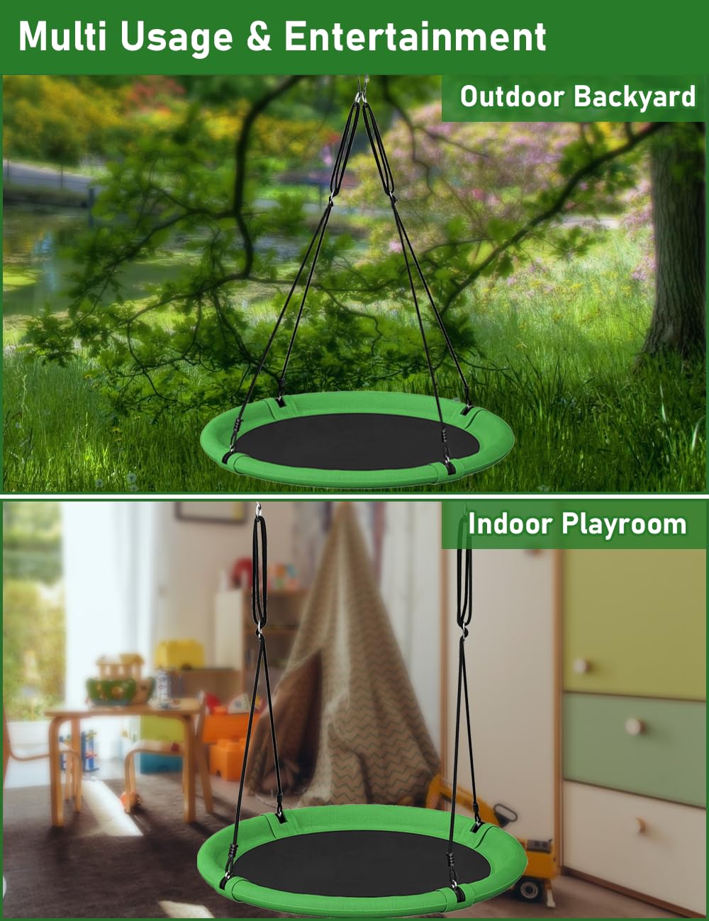 Two hanging options shown for flexible installation of the Ansionsol swing