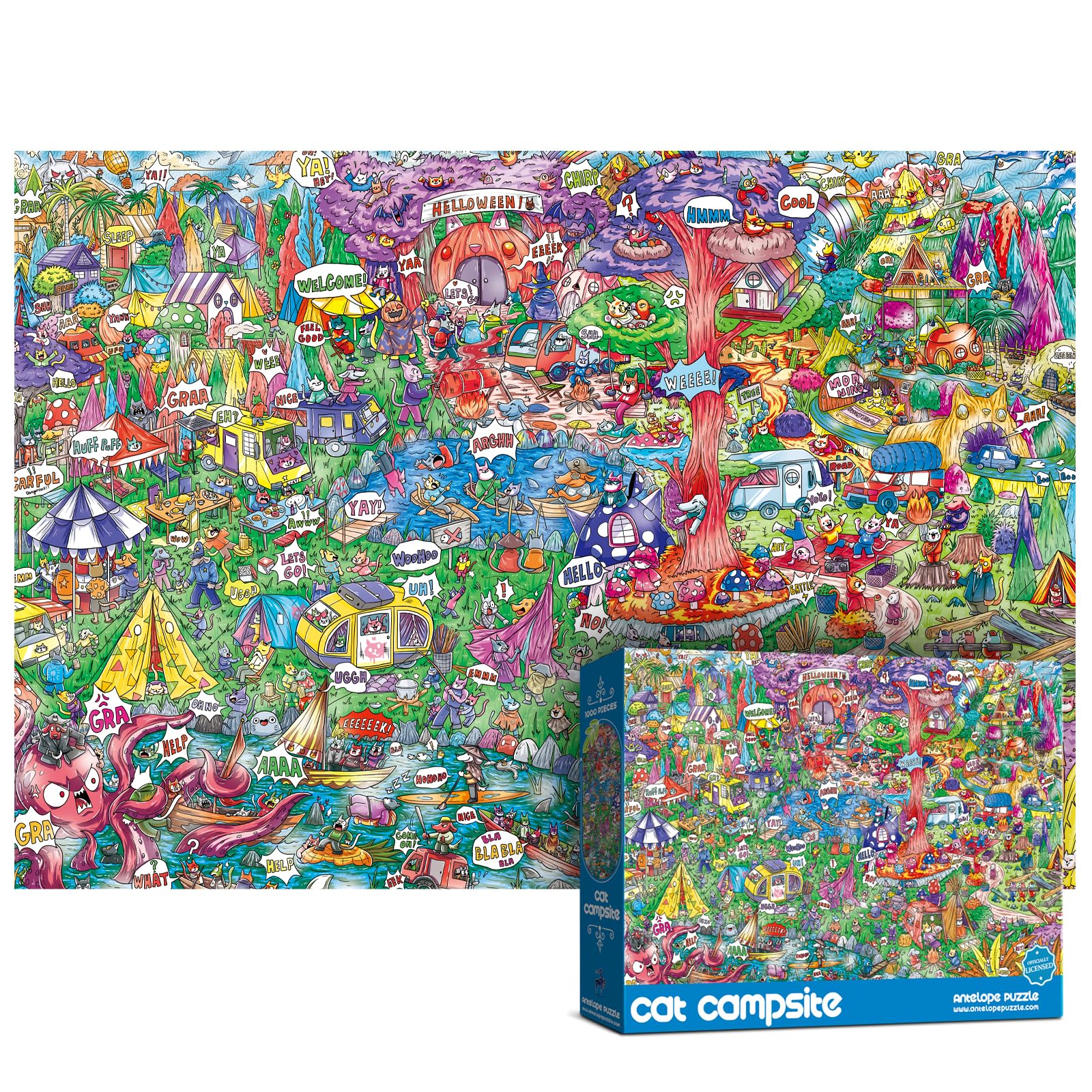 Antelope cat campsite puzzle box art for relaxed leisure.