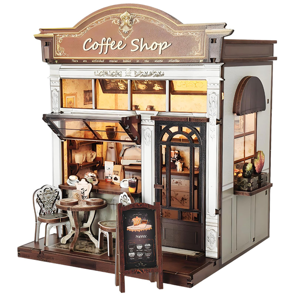 ANTREATU DIY miniature coffee shop kit with cozy cafe interior for desk display