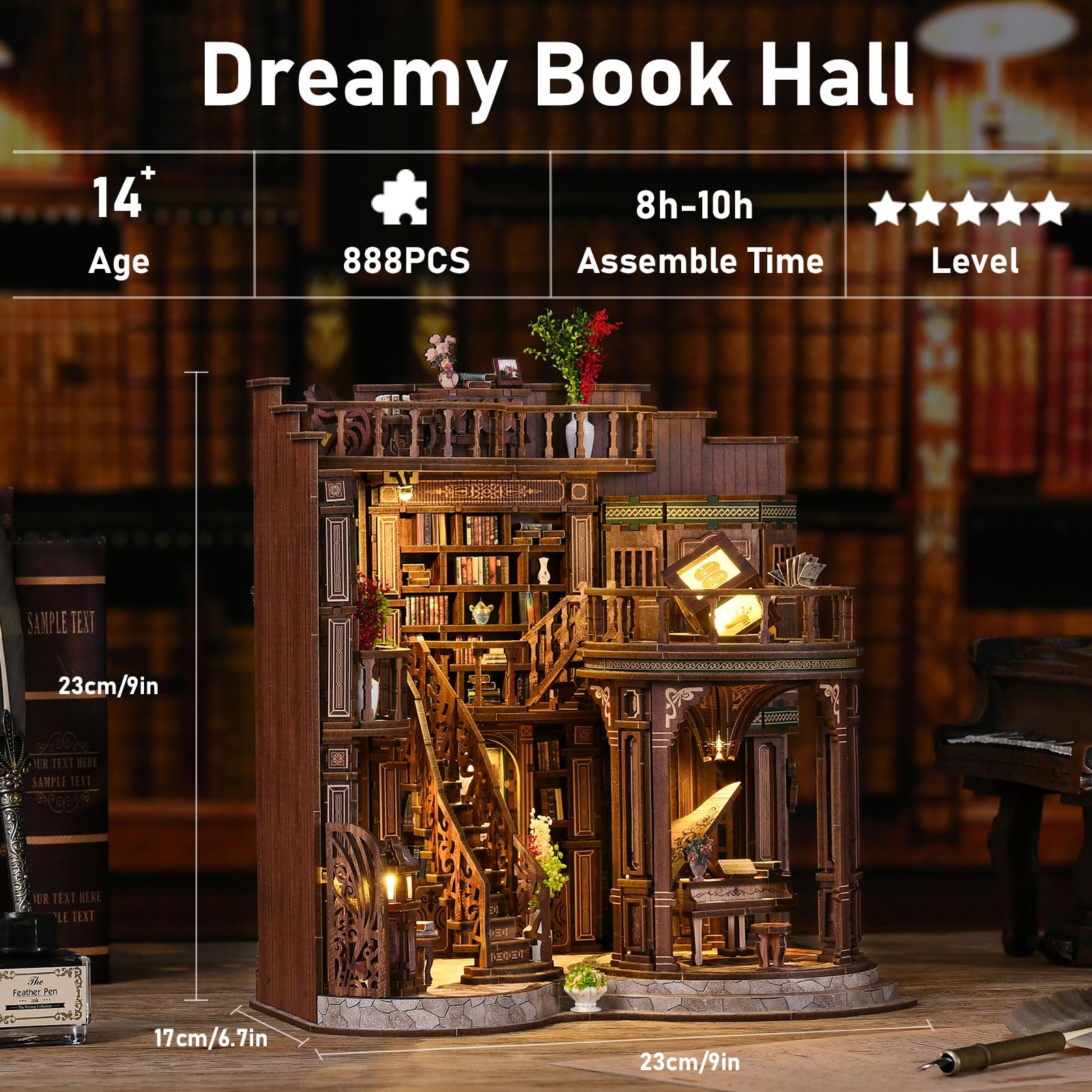 ANTREATU miniature library curved staircase detail adds lifelike charm.