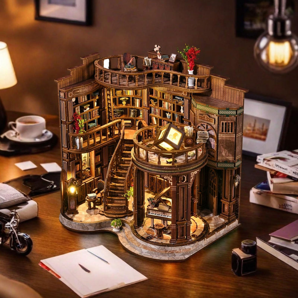 ANTREATU lit miniature library sits on a desk for a calming vibe.