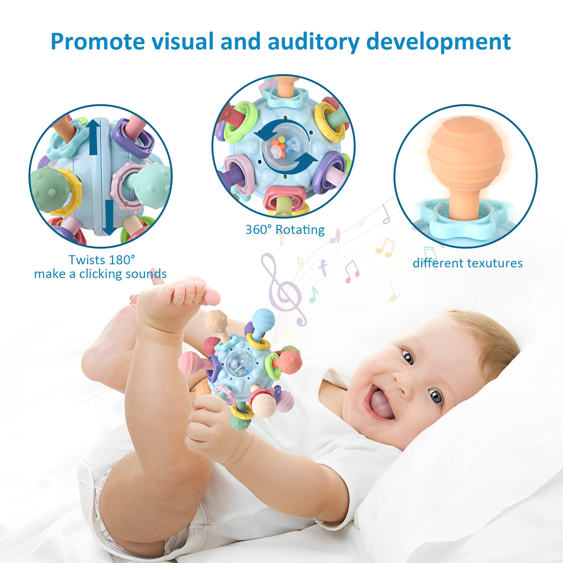 Anzimo atomic teether rattle producing crisp sounds for auditory engagement