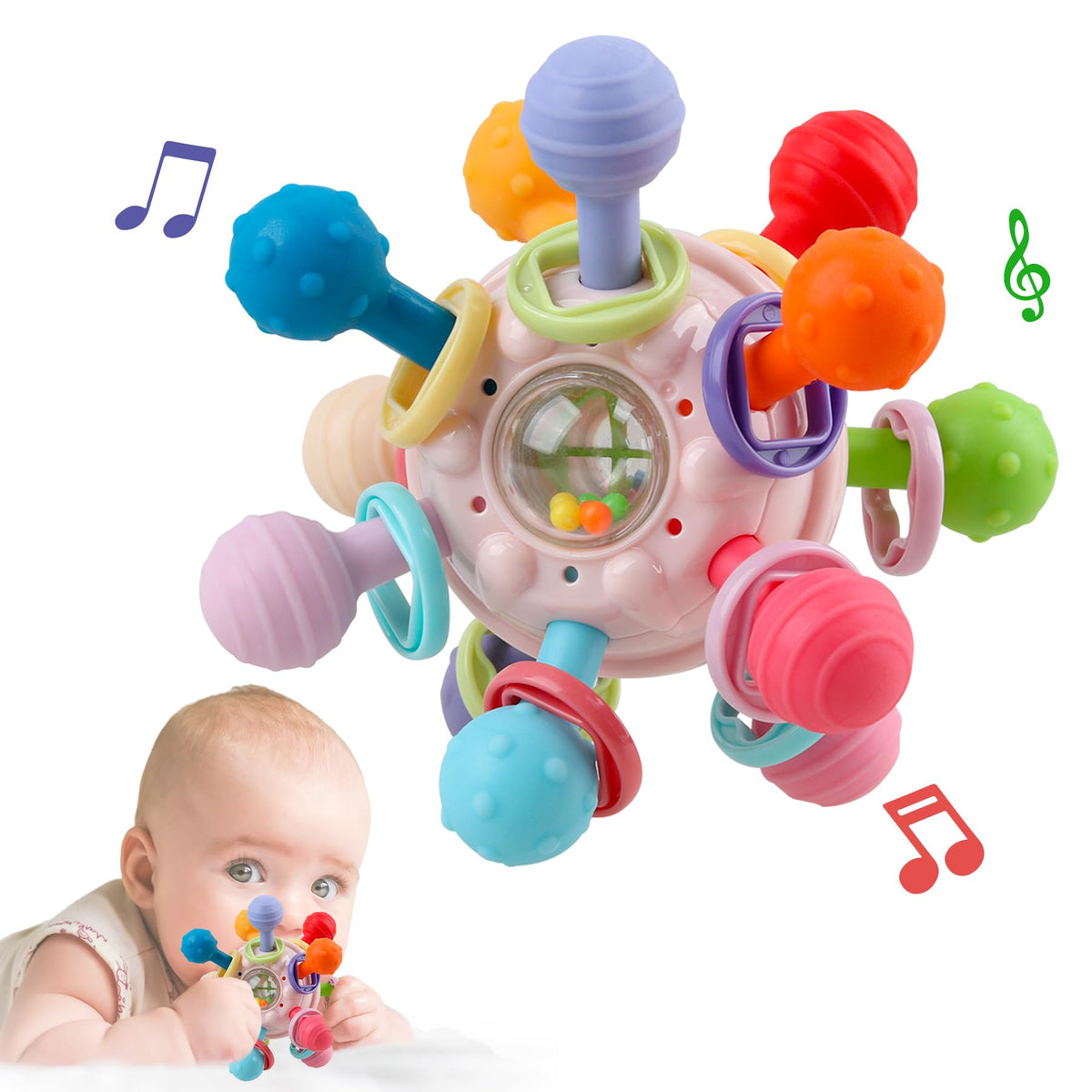 Anzimo baby sensory teether in pink atomic shape soothing teething gums.
