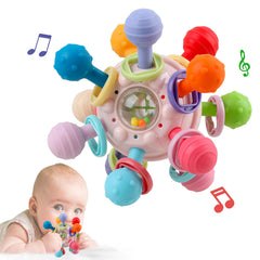 Anzimo baby sensory teether in pink atomic shape soothing teething gums.
