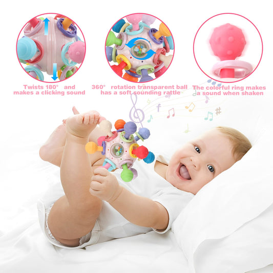 Anzimo teether and rattle with crisp sounds for auditory exploration.