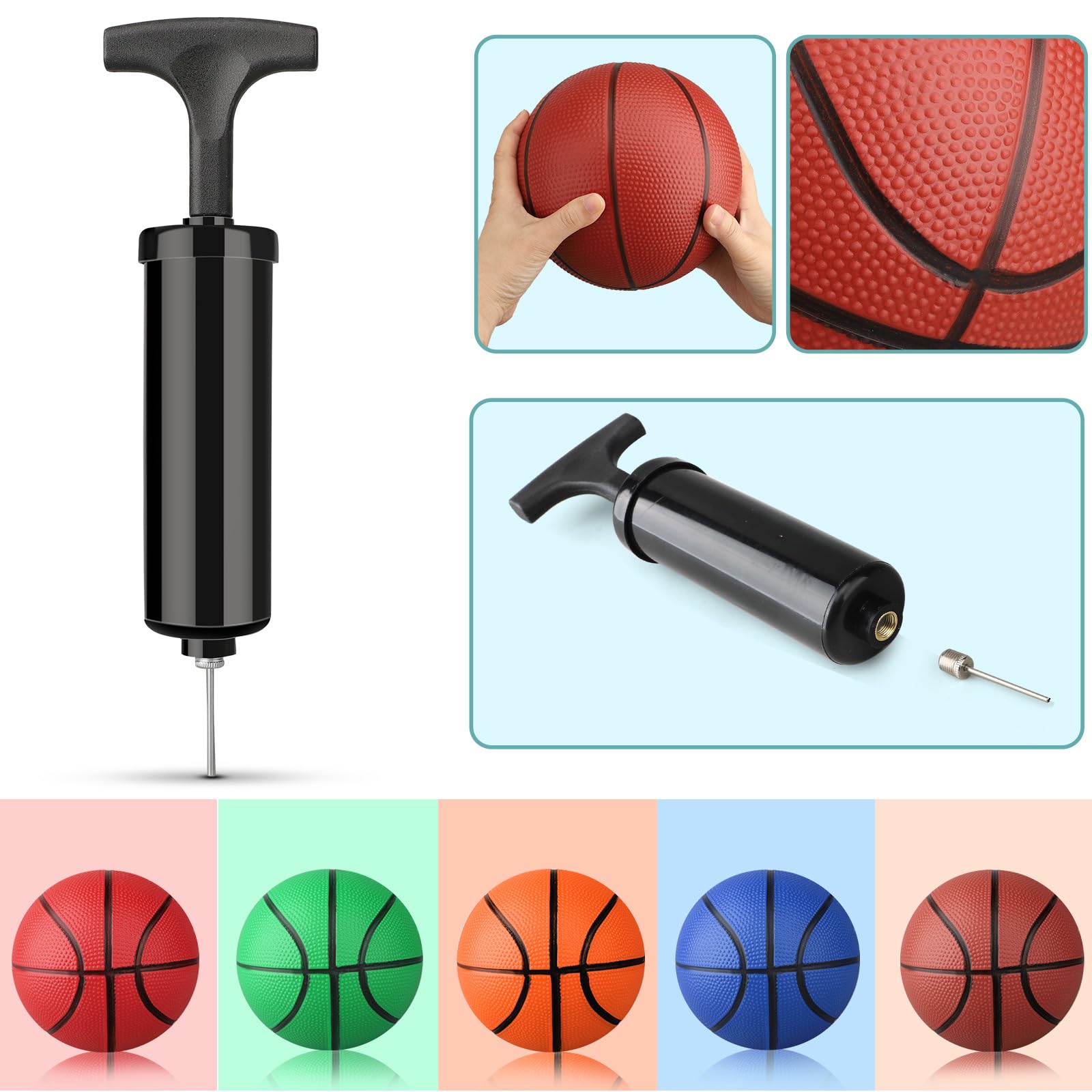 Anzmtosn pump and needle included for quick inflation of mini basketballs.