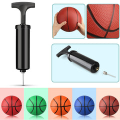 Anzmtosn pump and needle included for quick inflation of mini basketballs.