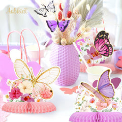 Aobkiat butterfly honeycomb centerpiece in lavender enhances wedding reception ambiance.