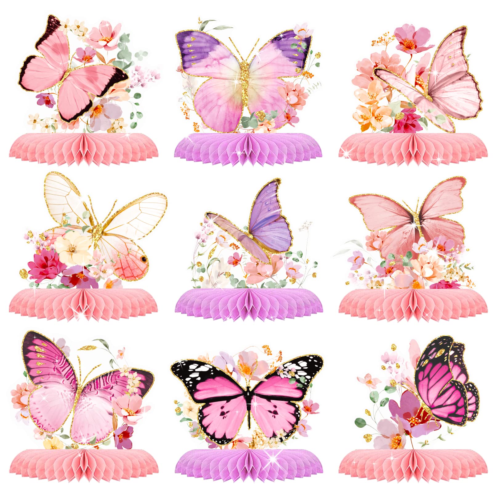 Aobkiat butterfly honeycomb centerpiece in rose gold adds glitter to birthday tables.