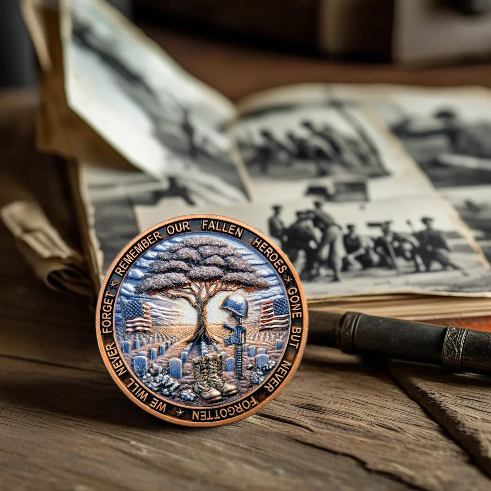 Aocass military commemorative coin back design emphasizes tribute to veterans.