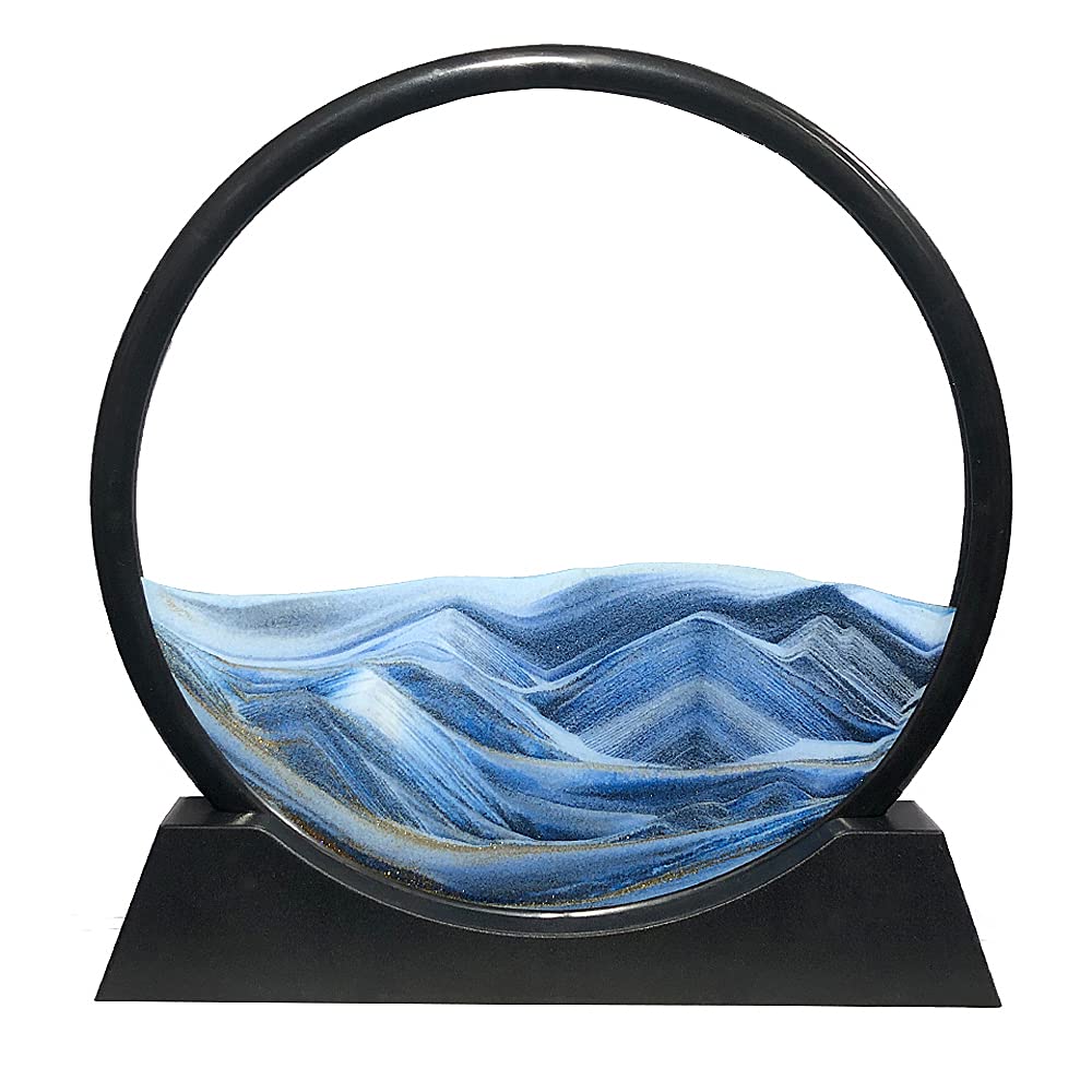 Aoderun moving sand art in round blue glass for relaxing desktop ambiance.