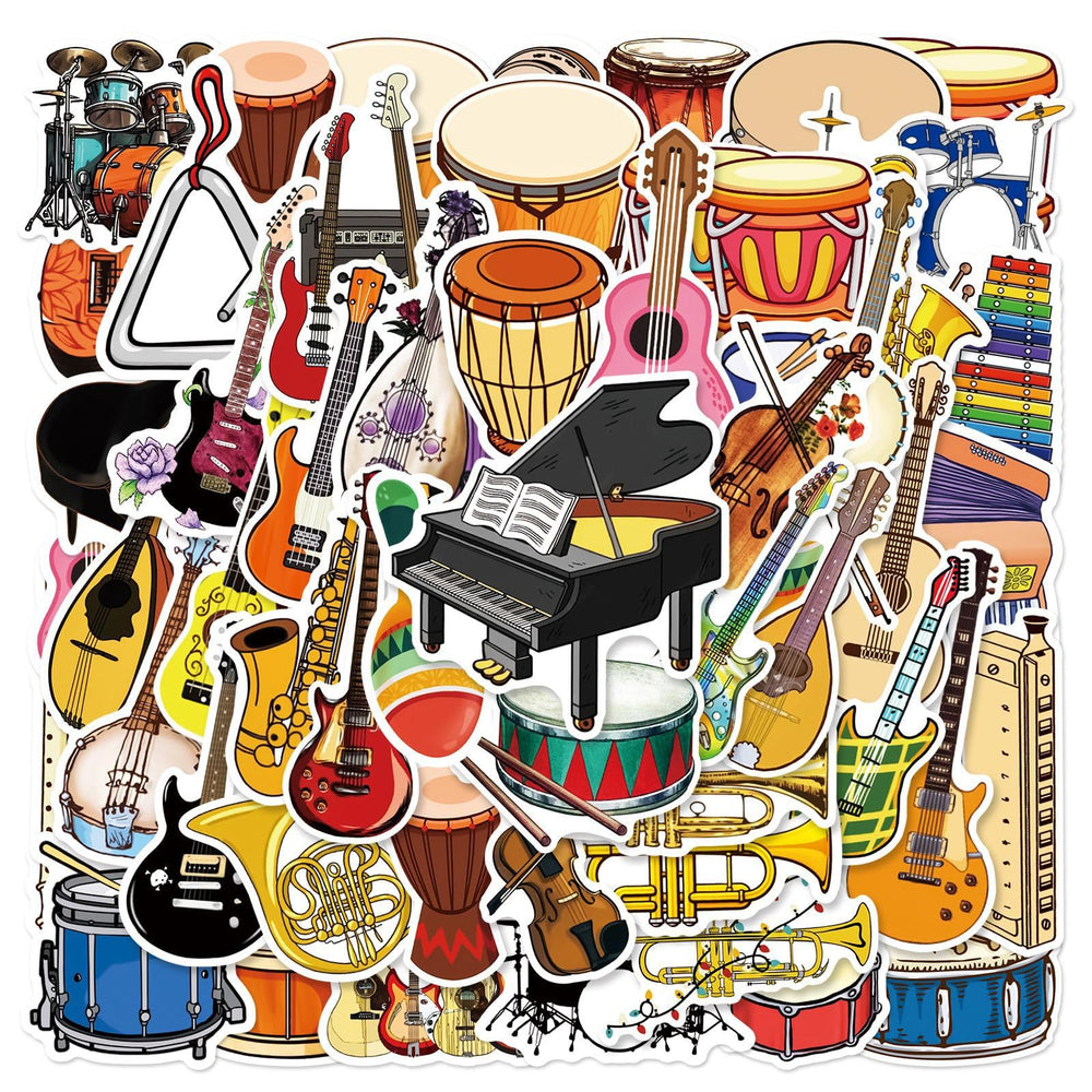 Aoinqx musical instrument stickers on a laptop with vibrant design for customization