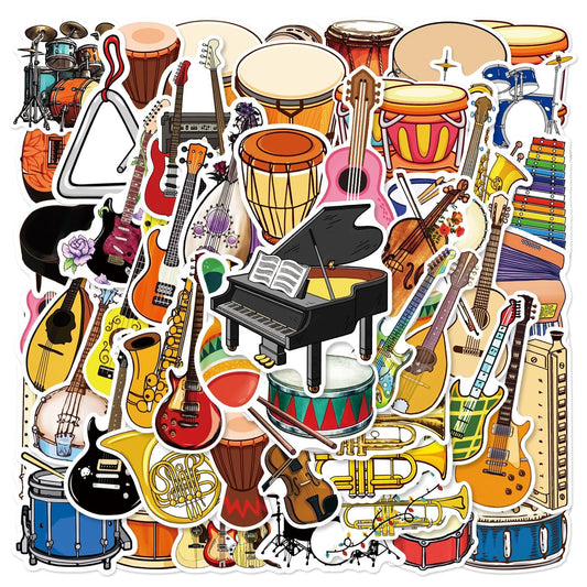 Aoinqx musical instrument stickers on a laptop with vibrant design for customization