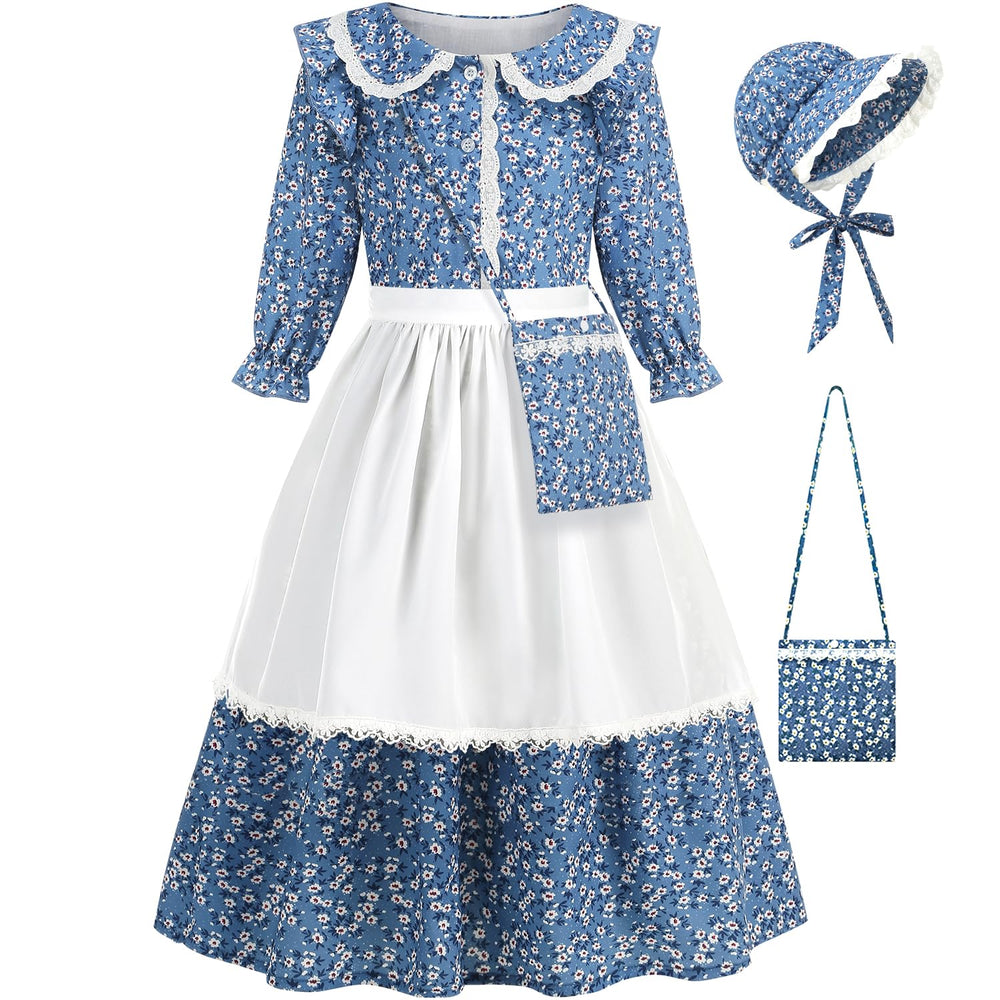 Aoiviss Girls Pioneer Dress blue front view with floral print for authentic colonial charm