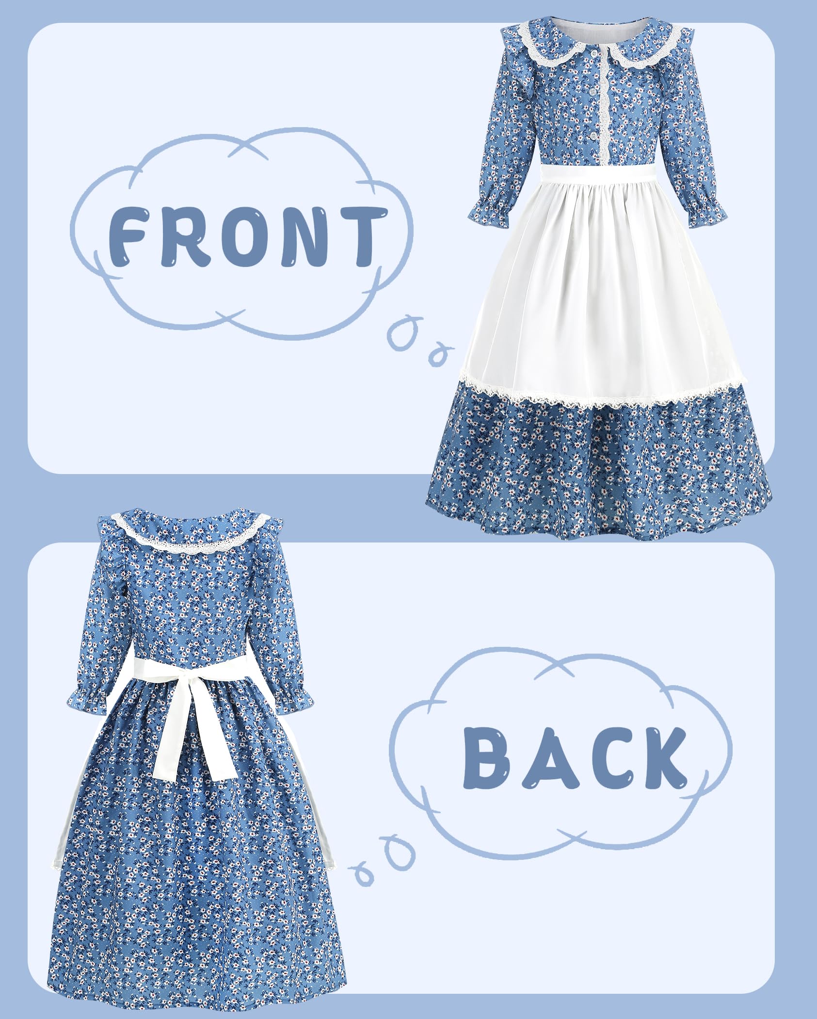 Aoiviss Pioneer Dress blue apron-detail showing white apron and sweet lace trim