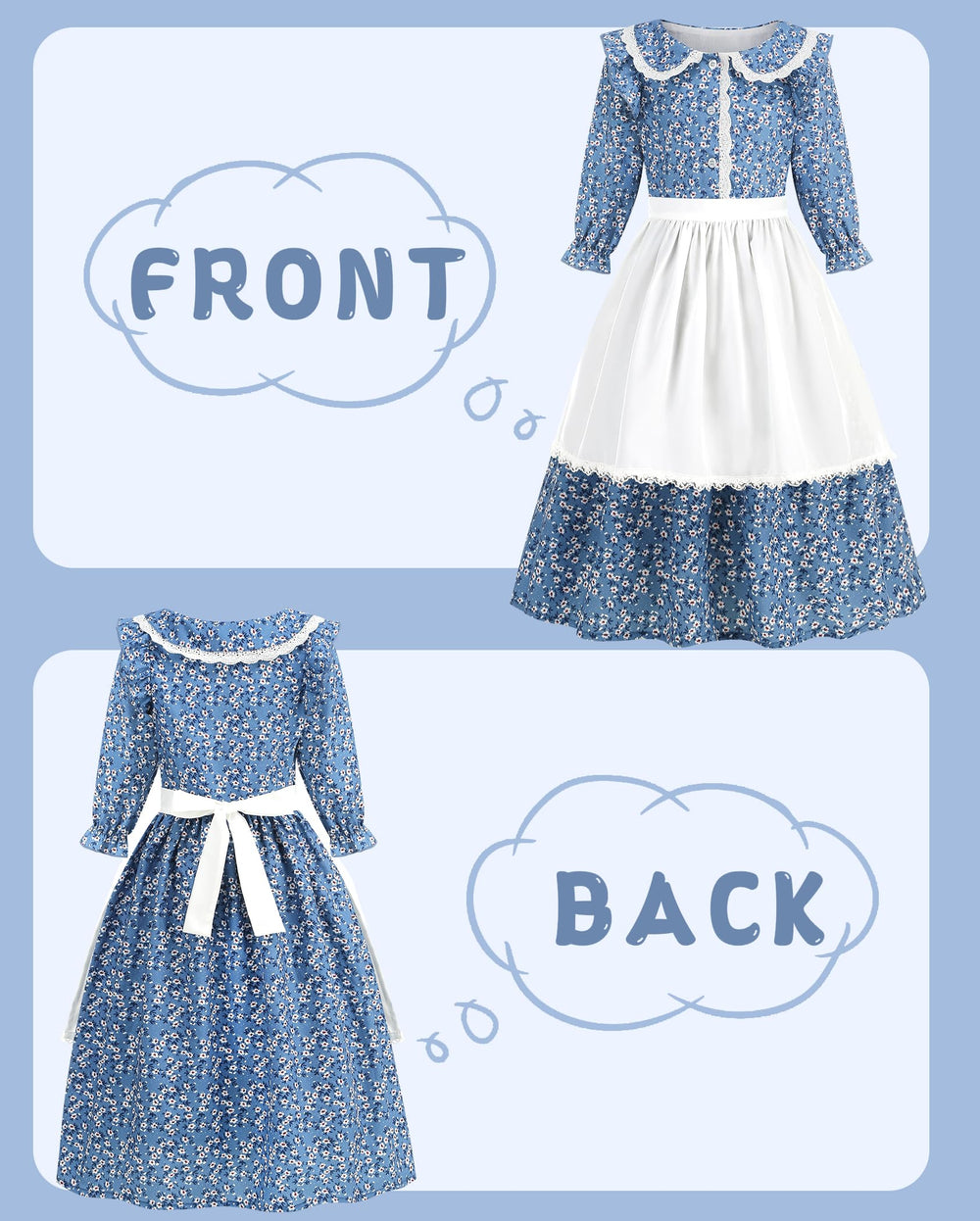 Aoiviss Pioneer Dress blue apron-detail showing white apron and sweet lace trim
