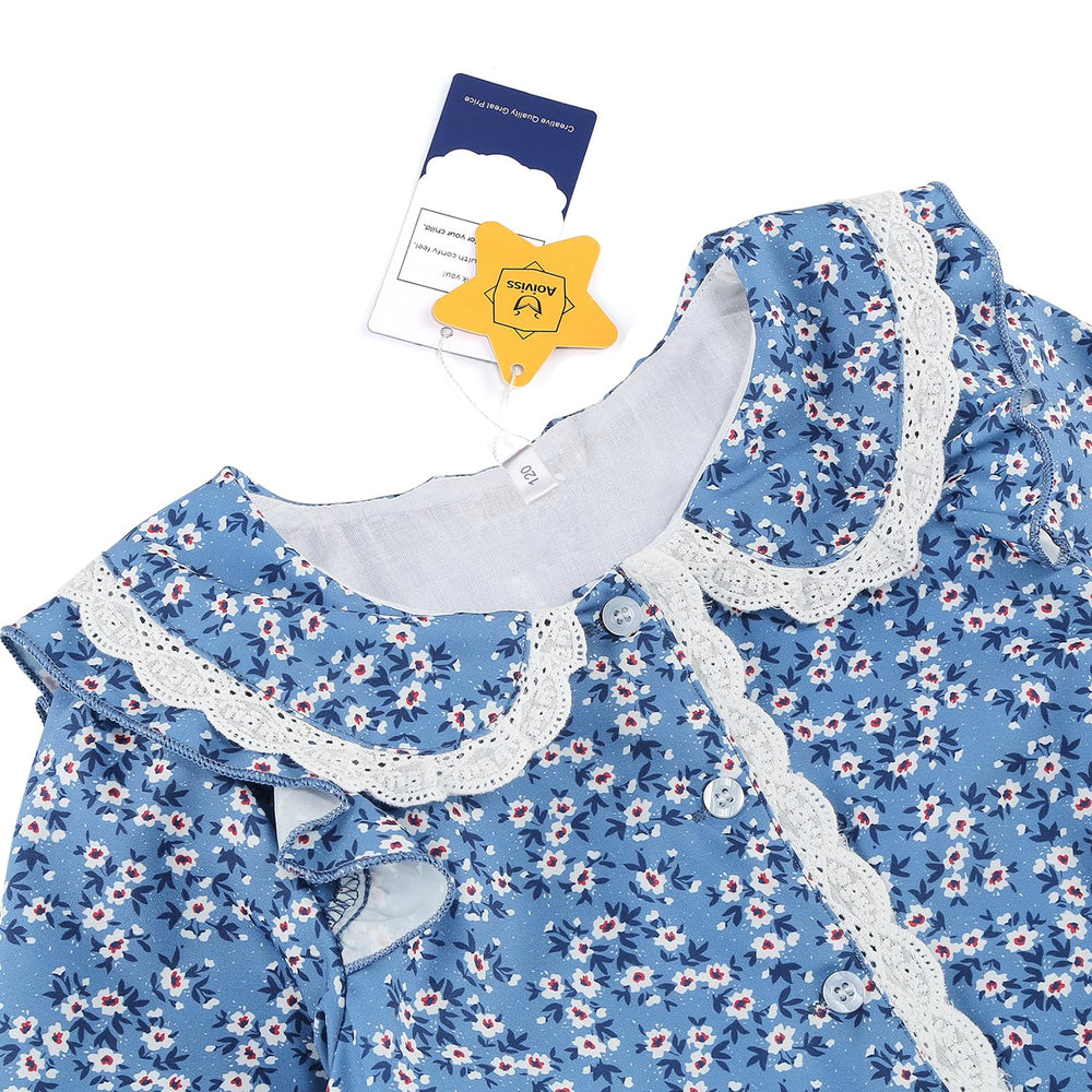Aoiviss Pioneer Dress blue lace-trim collar detail with front-button closure