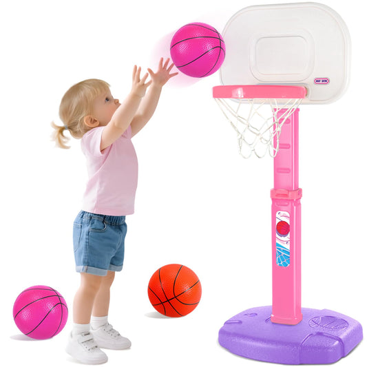 AOKESI toddler pink basketball hoop with adjustable height for growing kids' play.
