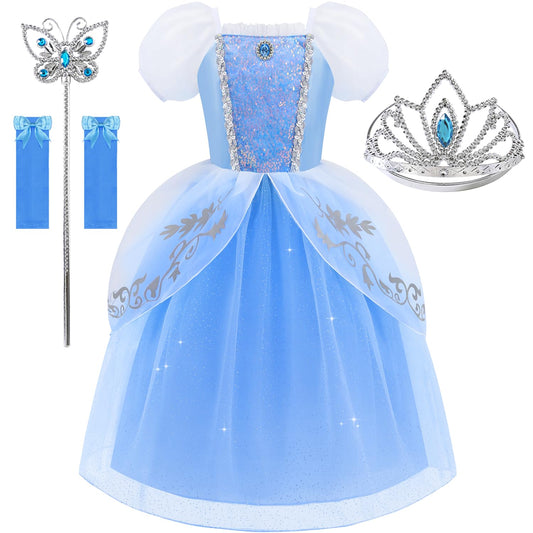 Aolliya blue princess dress with puff sleeves for comfortable all-day play