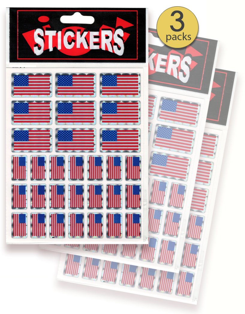 AoneFun US flag stickers, three sheets, top view; ideal for quick patriotic décor.