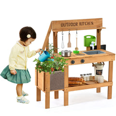 Aoparts mud kitchen outdoor play area for kids in natural wood finish.