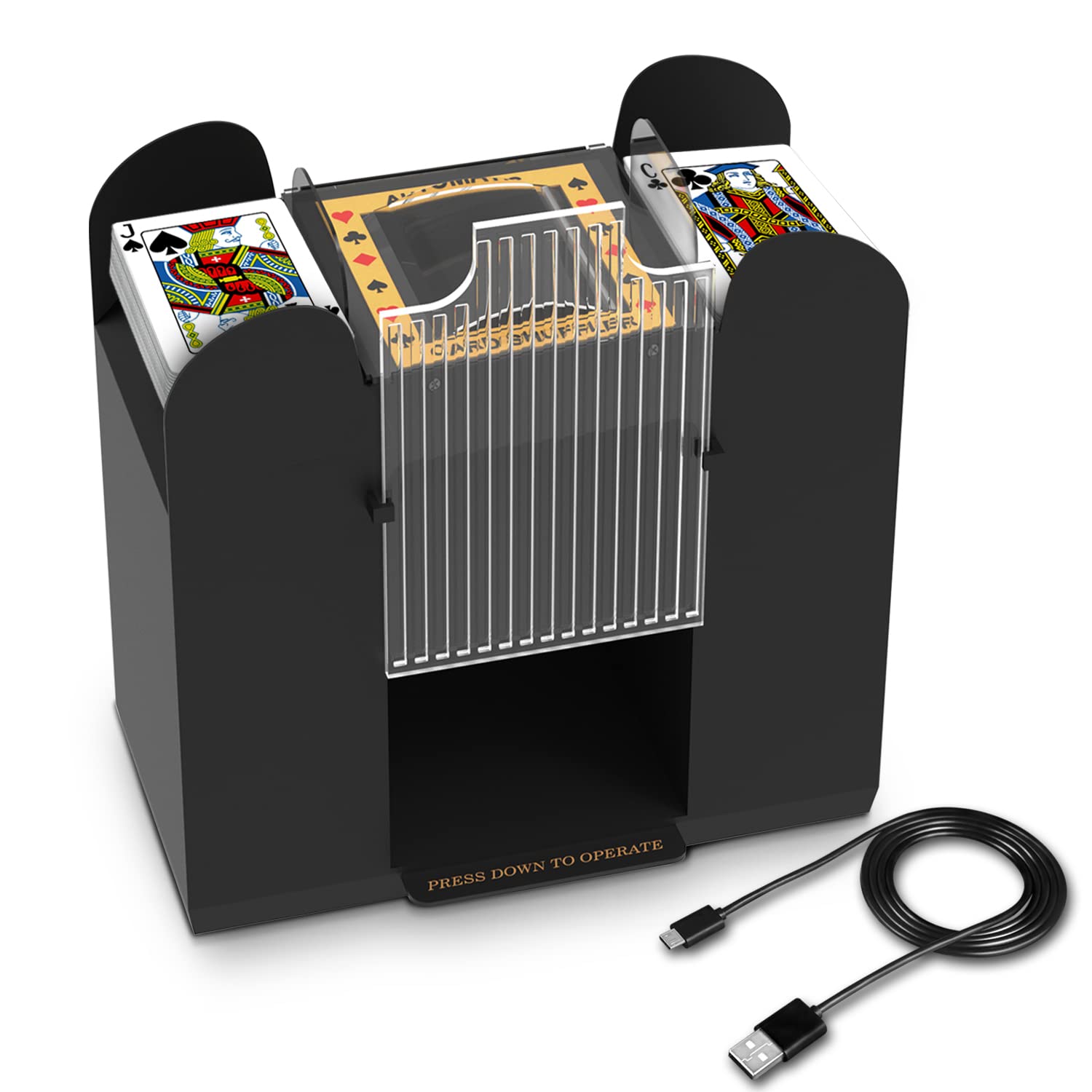 AOPER automatic card shuffler front view showing six-deck capacity for home games.