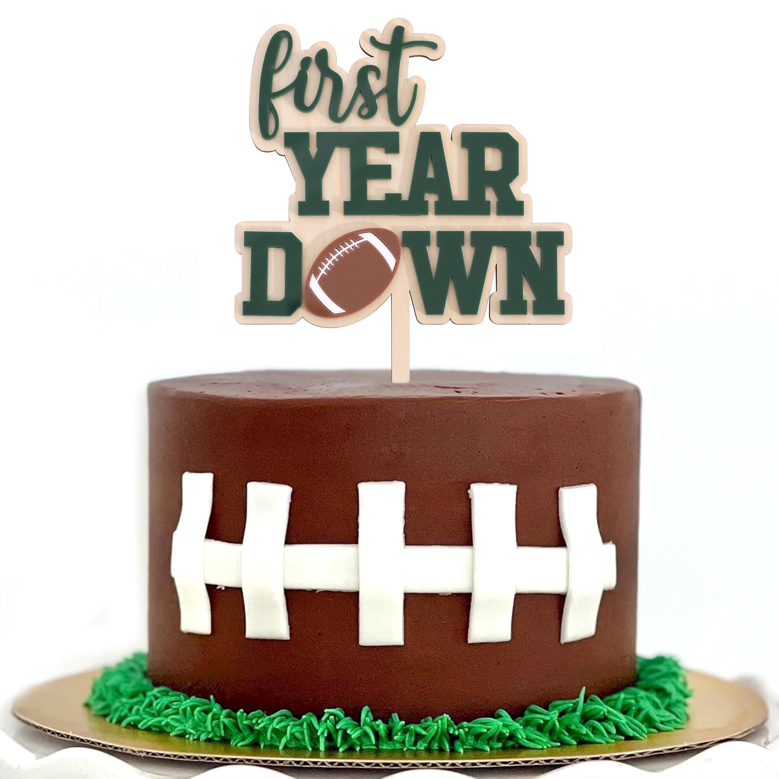AOQURE wooden football 1st birthday cake topper showcases natural wood grain.