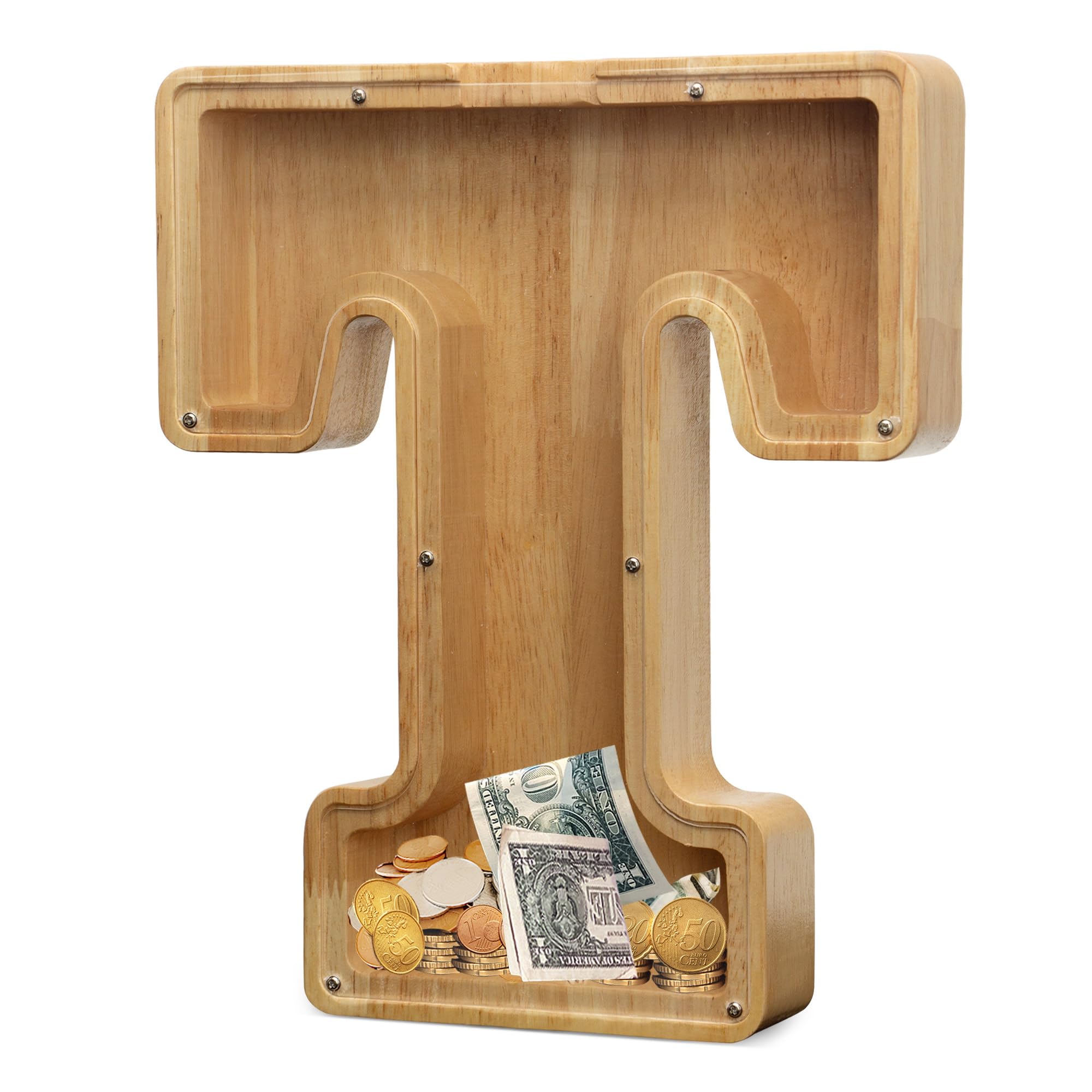 AORCMITN extra-large wooden letter bank front view showing generous coin capacity