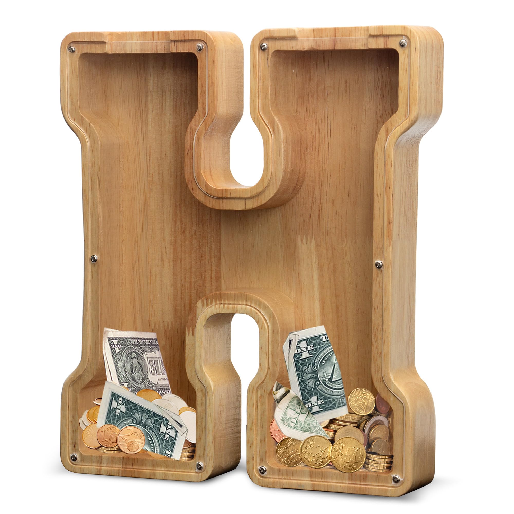 AORCMITN extra-large wooden letter piggy bank front view featuring initial H