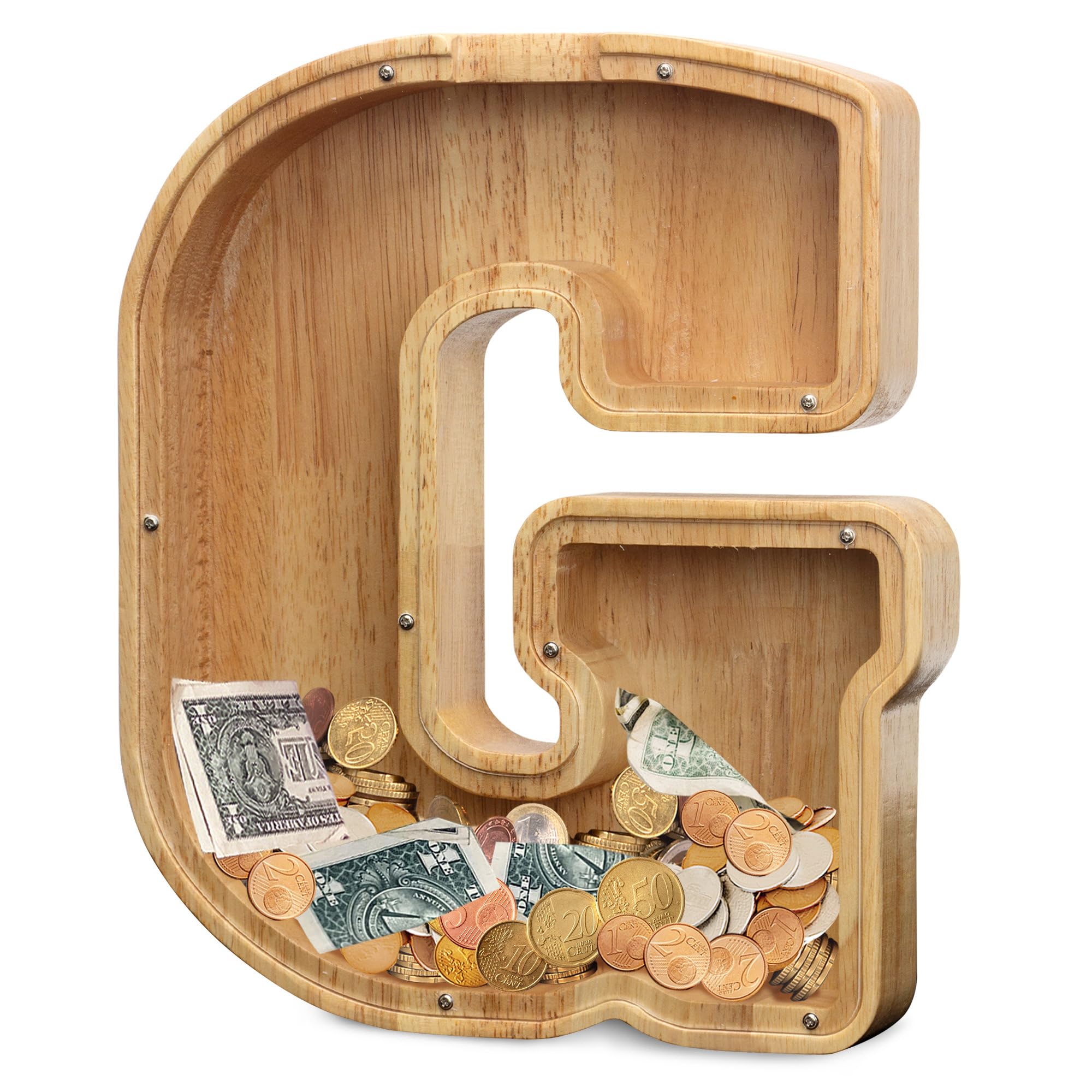 AORCMITN Initial G wooden piggy bank with large capacity for coins.