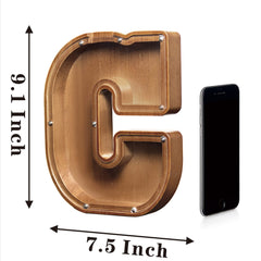AORCMITN coin bank side view highlights natural wood finish and sturdy craftsmanship.