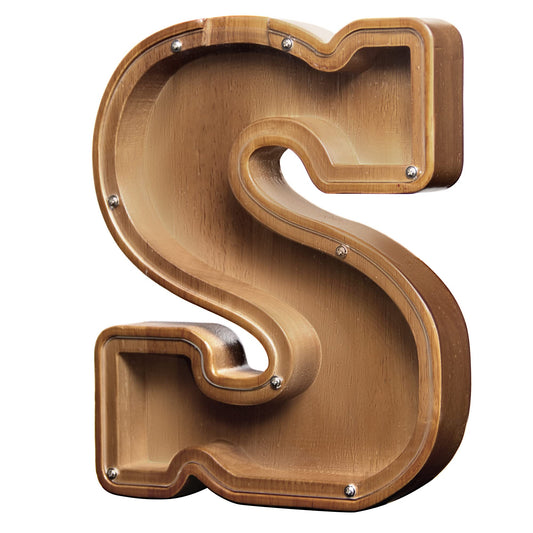AORCMITN large wooden letter coin bank front view shows natural pine finish for durable savings.