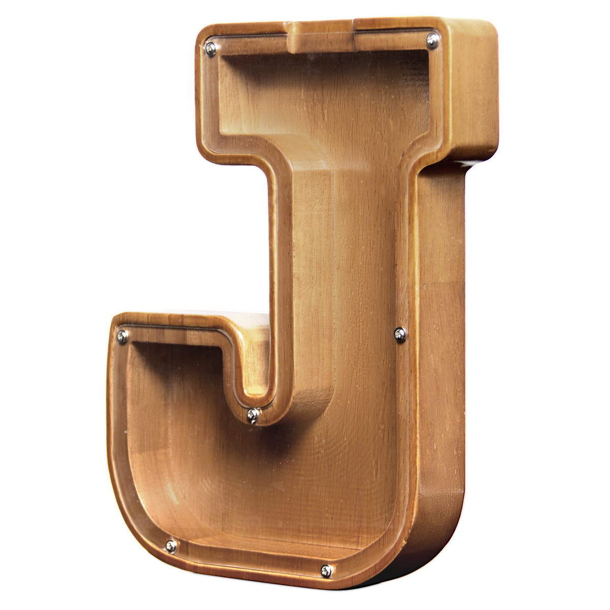 AORCMITN large wooden letter coin bank front view highlights natural pine wood, sturdy and playful.