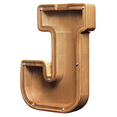AORCMITN large wooden letter coin bank front view highlights natural pine wood, sturdy and playful.