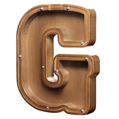 AORCMITN large wooden letter coin bank front view shows pine finish and clear window.